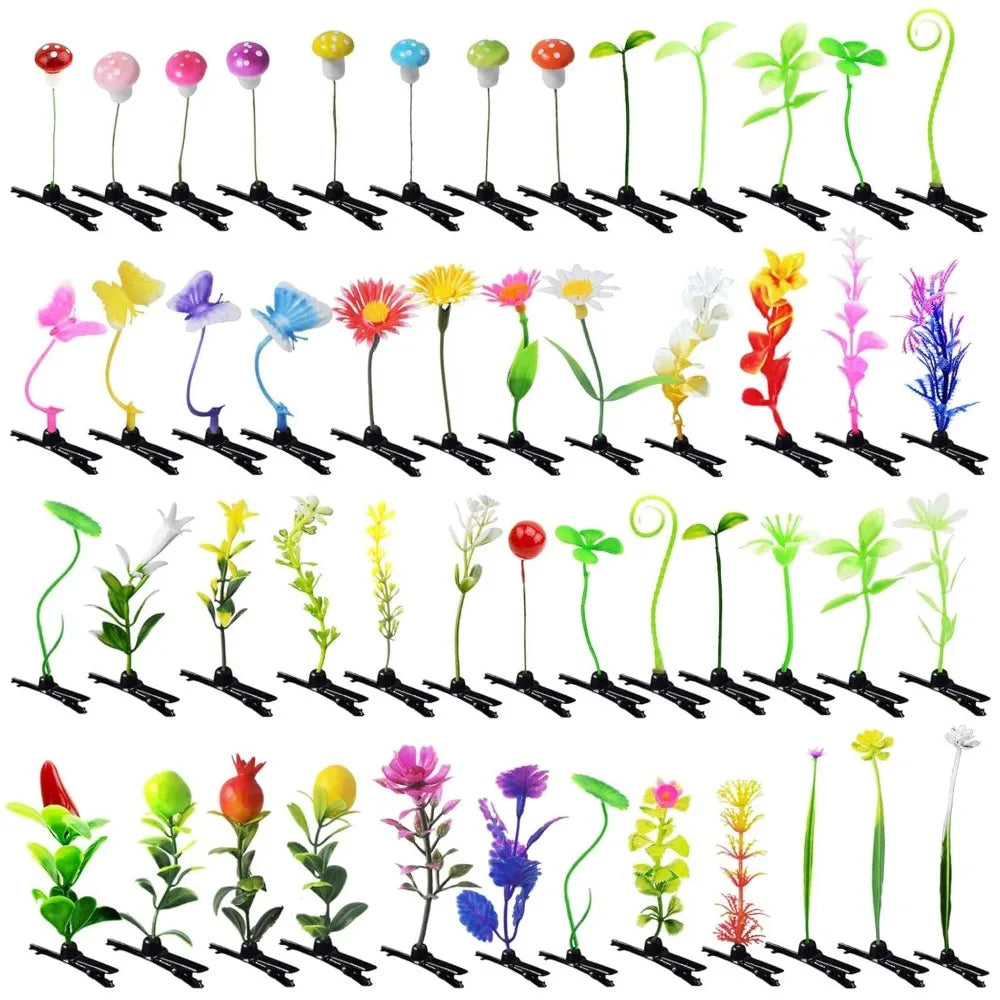 50pcs Bean Sprout Hair Clips Mixed Style Rave Plant Hairpins Flower Plant Hair Clip Funny Butterfly Mushroom Headwear Hair